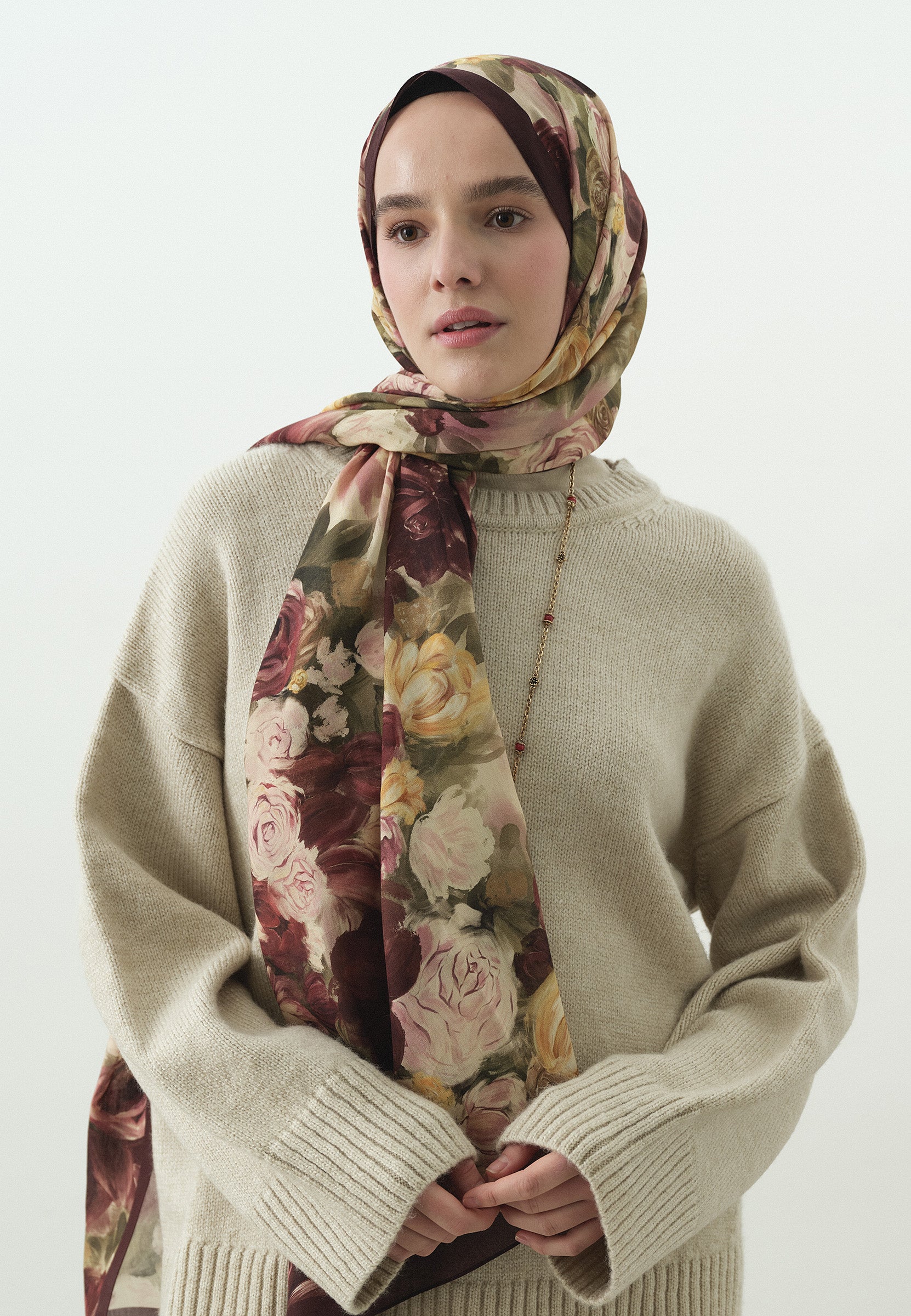 Bordo Rose Breeze Desenli Pamuk Viskon Şal