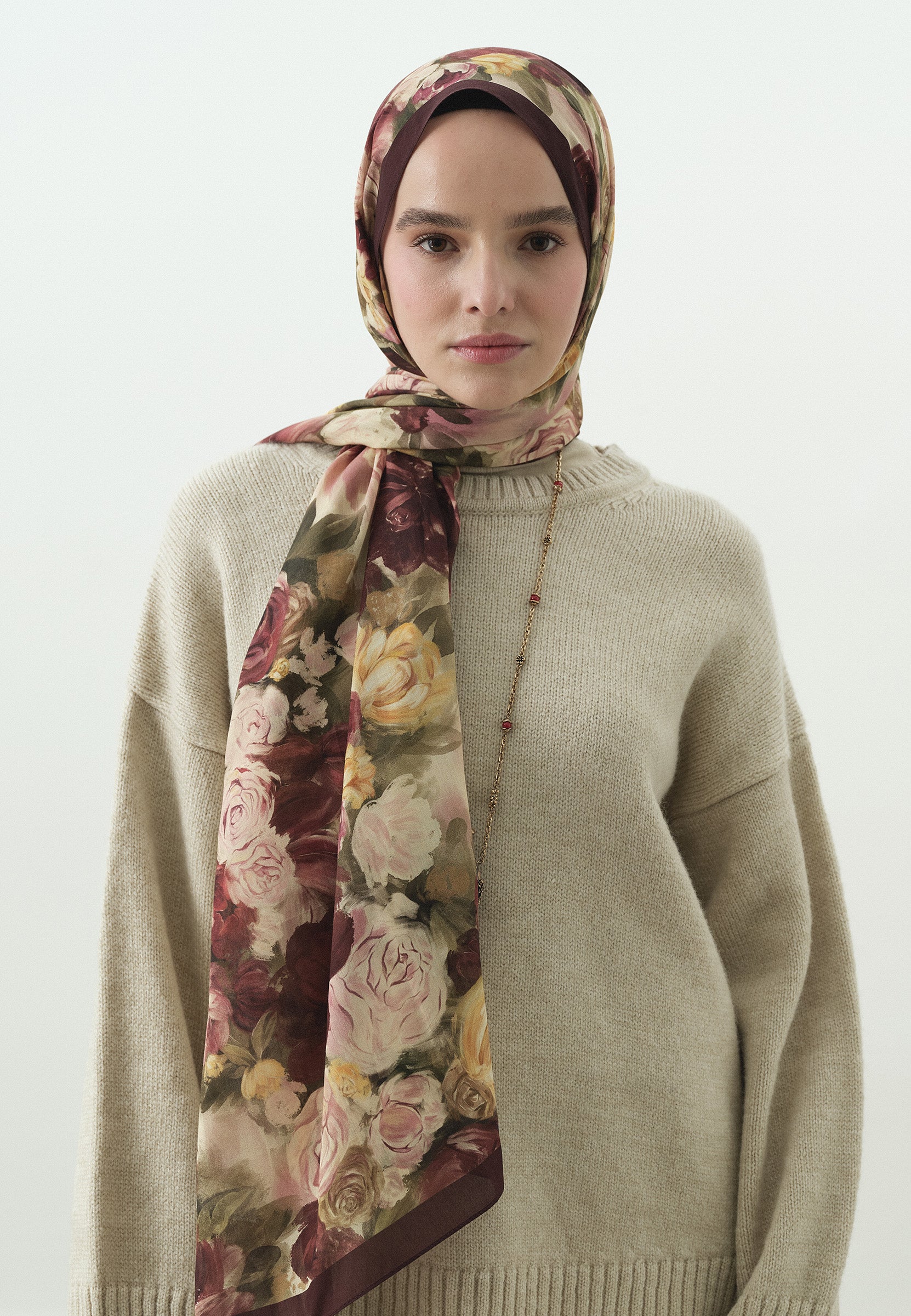 Bordo Rose Breeze Desenli Pamuk Viskon Şal