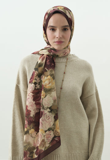 Bordo Rose Breeze Desenli Pamuk Viskon Şal