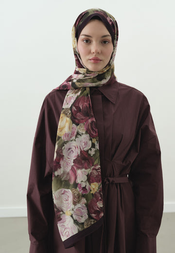 Mürdüm Rose Breeze Desenli Pamuk Viskon Şal