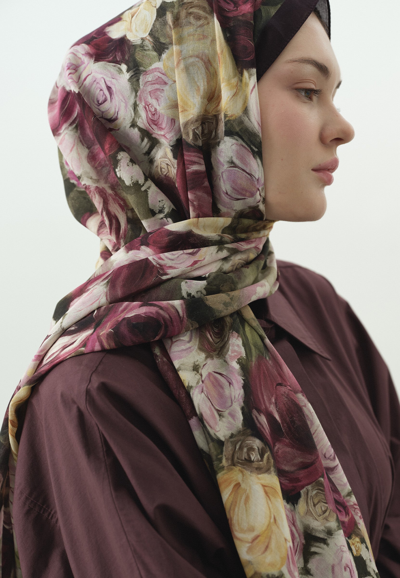 Mürdüm Rose Breeze Desenli Pamuk Viskon Şal