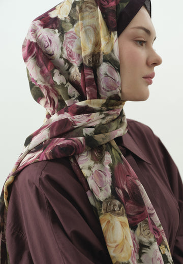 Mürdüm Rose Breeze Desenli Pamuk Viskon Şal