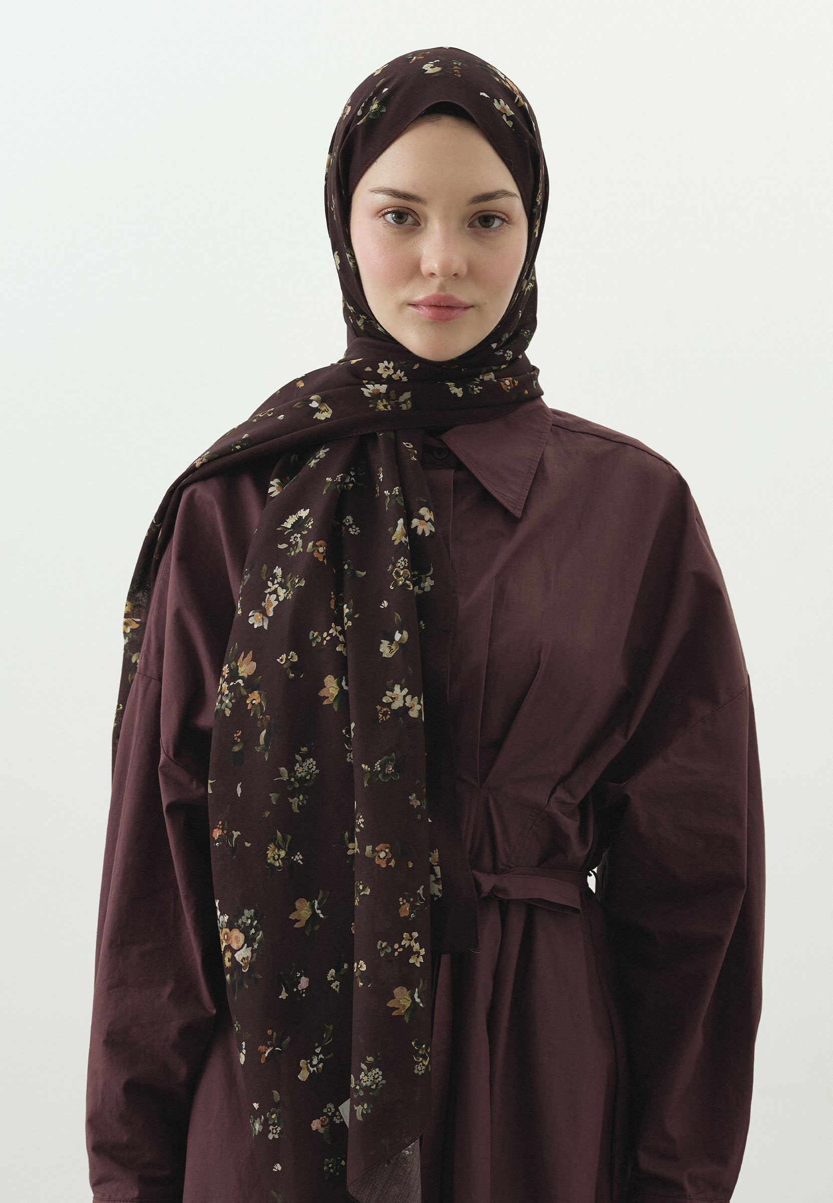 Bordo Tıny Blooms Desenli Pamuk Viskon Şal