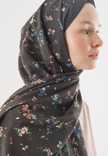 Acı Kahve Tıny Blooms Desenli Pamuk Viskon Şal