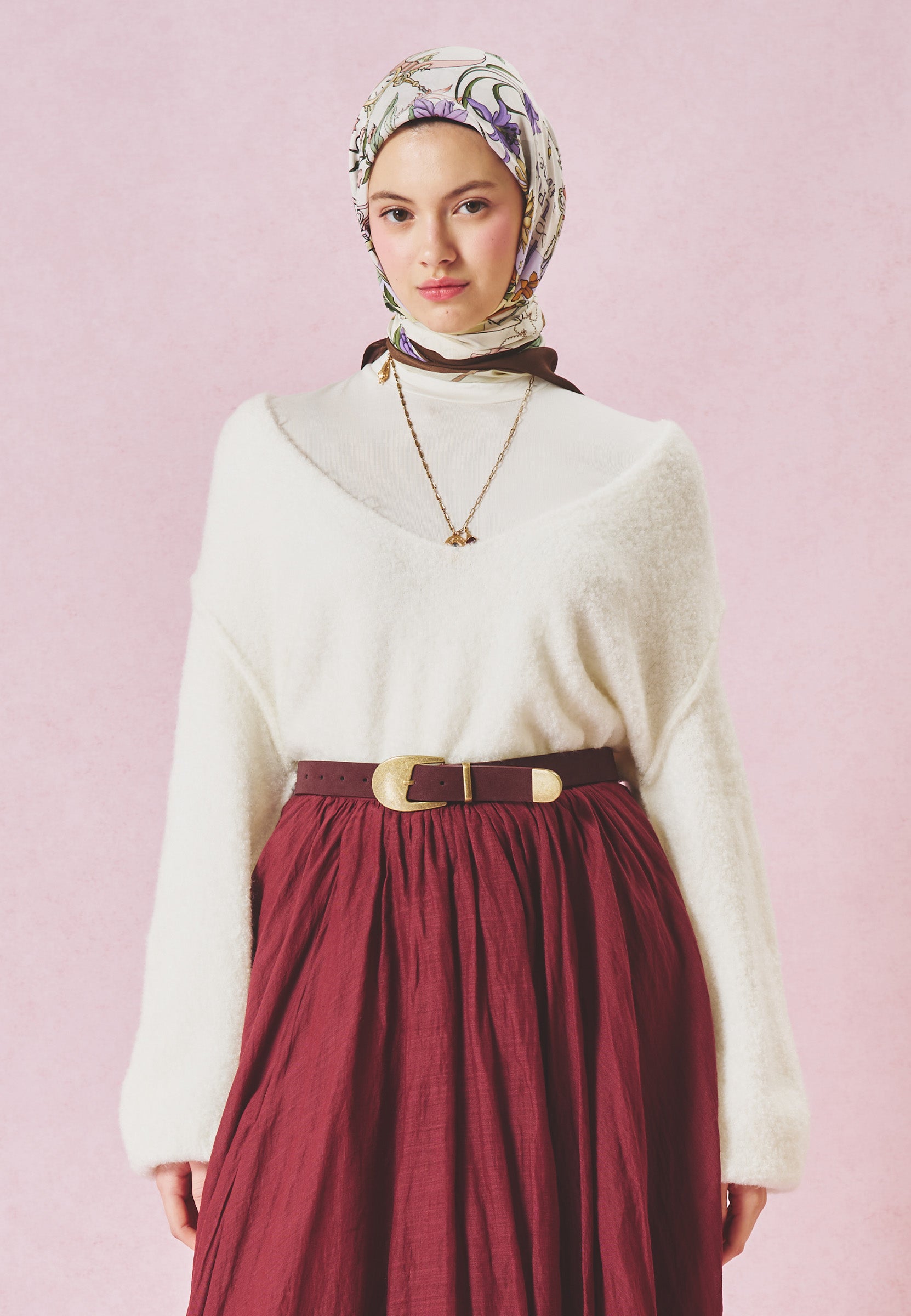 Once Upon A Love Desen Floş Viskon Eşarp Wood Brown