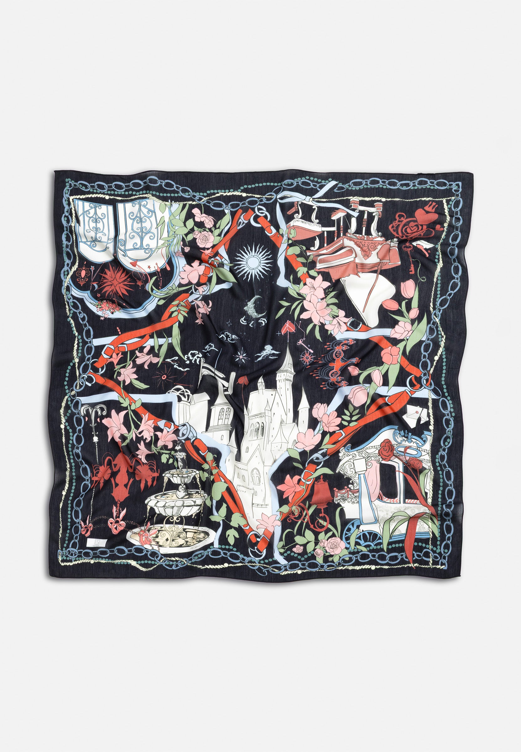 Fairytale Castle Desen Floş Viskon Eşarp Black