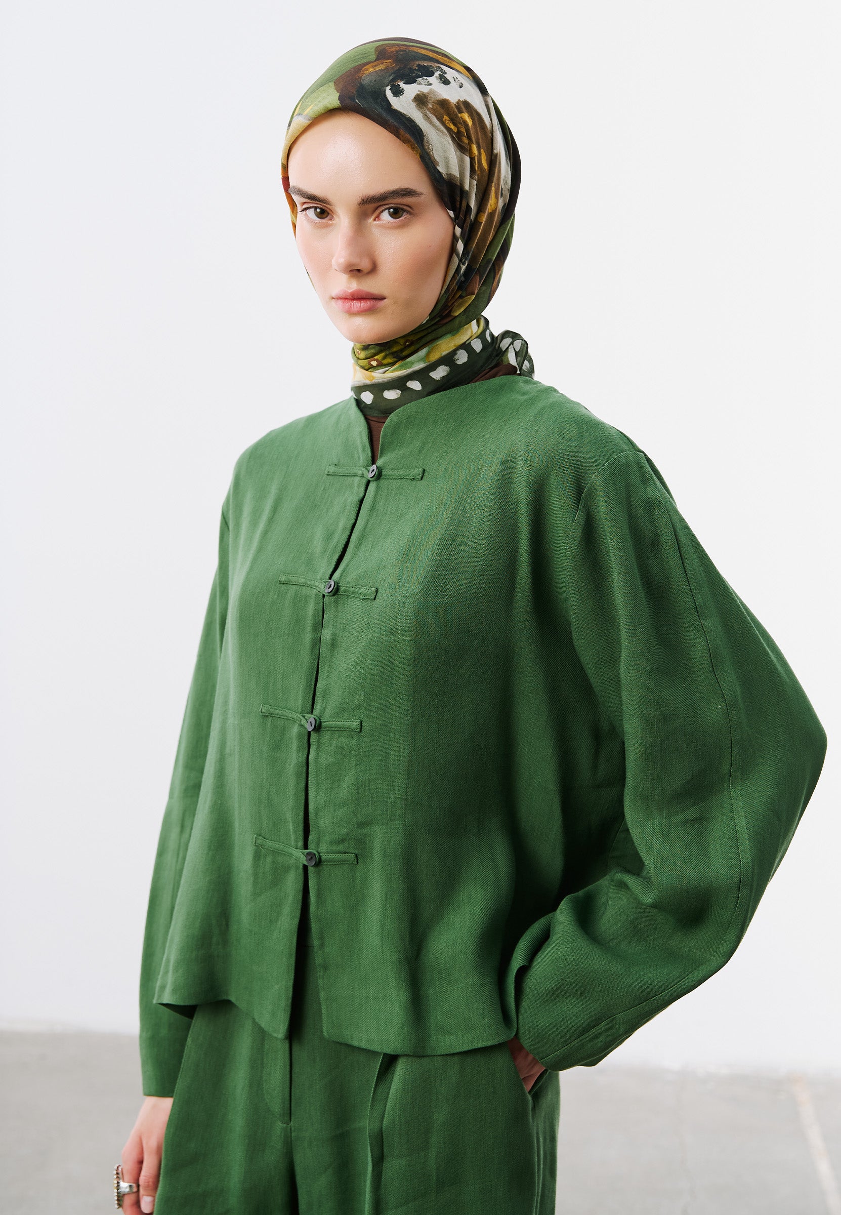 Floral Story Desen Vual Eşarp Yeşil