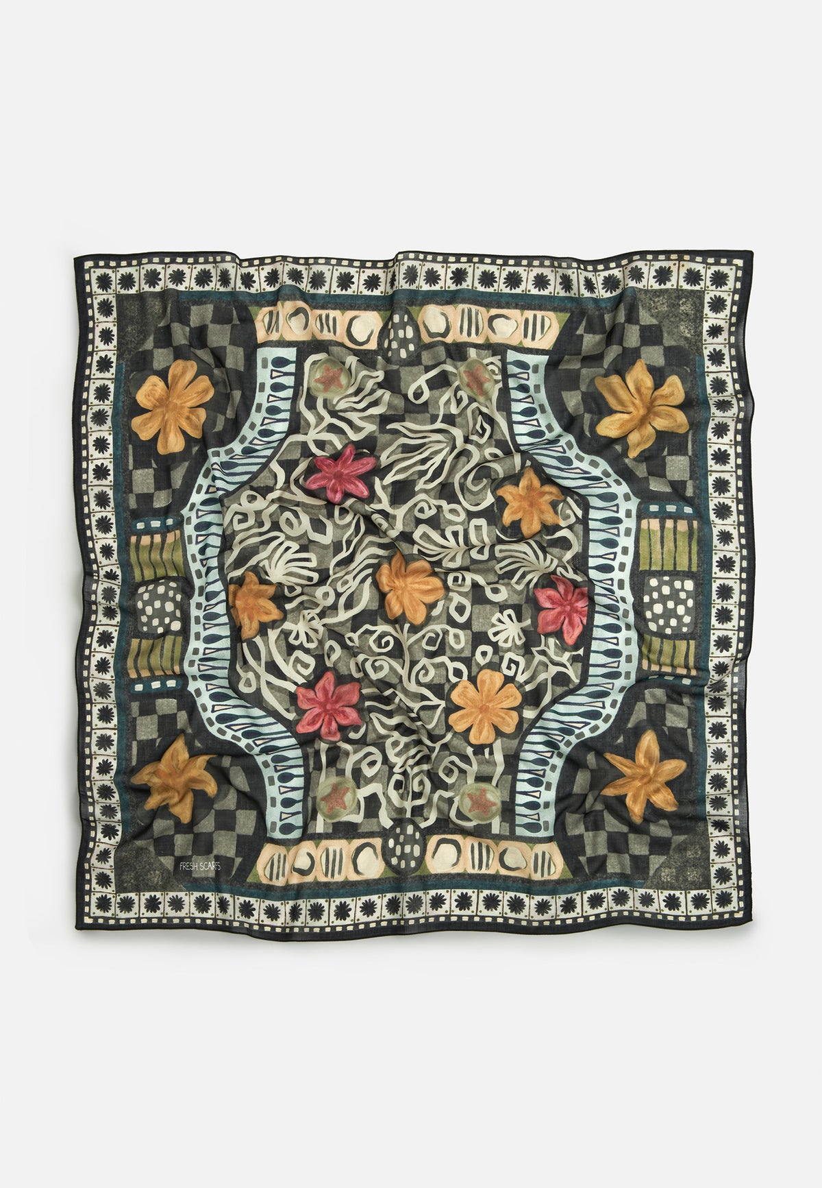 Bloom Geometry Desen Vual Eşarp Siyah
