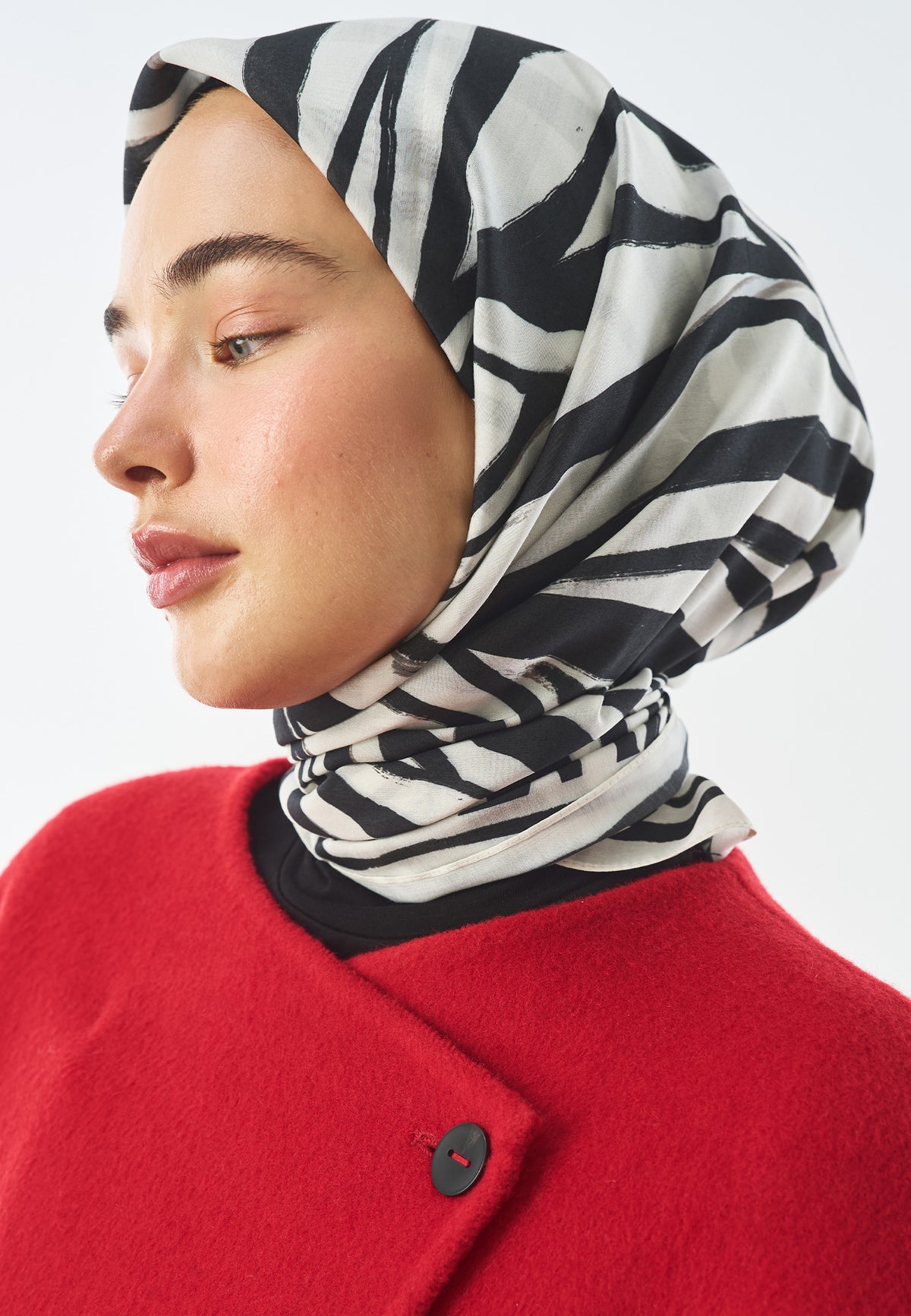 Zebra Flow Desen Pamuk İpek Eşarp Ekru