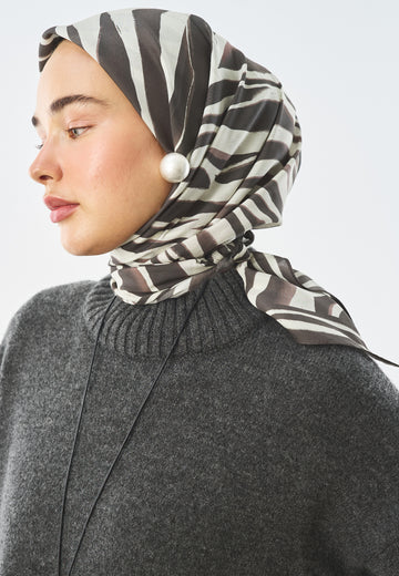 Zebra Flow Desen Pamuk İpek Eşarp Vizon