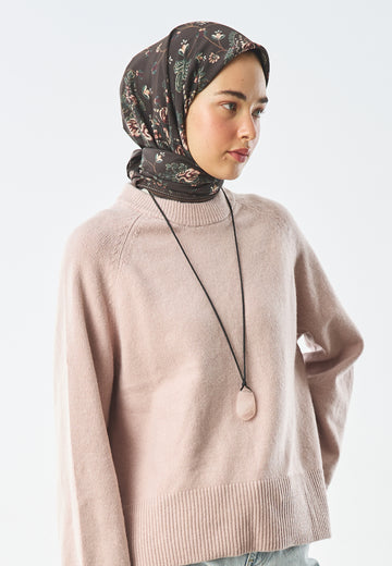 Tiny Blush Bloom Desen Pamuk İpek Eşarp Kahve