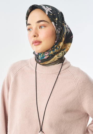 Garden Glow Desen Pamuk İpek Eşarp Yeşil