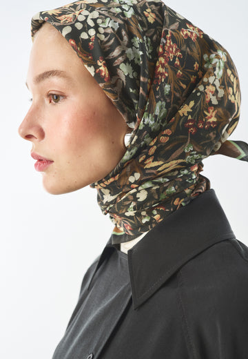 Botanical Flow Desen Pamuk İpek Eşarp Kahve