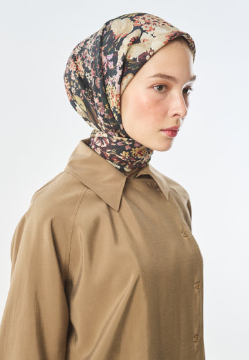 Floral Glow Desen Pamuk İpek Eşarp Bej