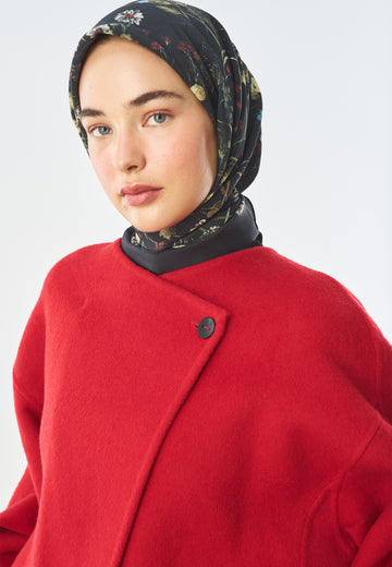 Blush Bloom Desen Pamuk İpek Eşarp Siyah