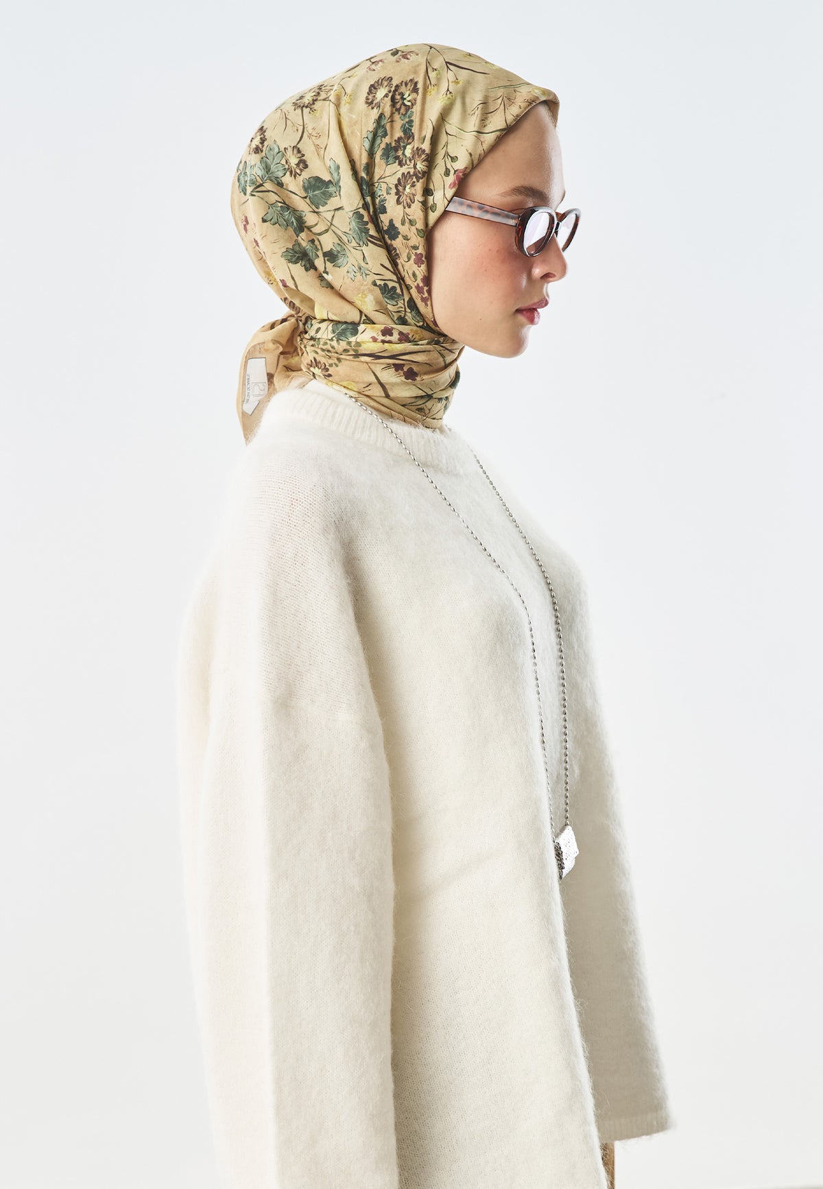 Blush Bloom Desen Pamuk İpek Eşarp Kum