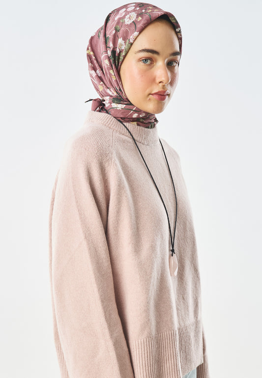Blush Bloom Desen Pamuk İpek Eşarp Pembe
