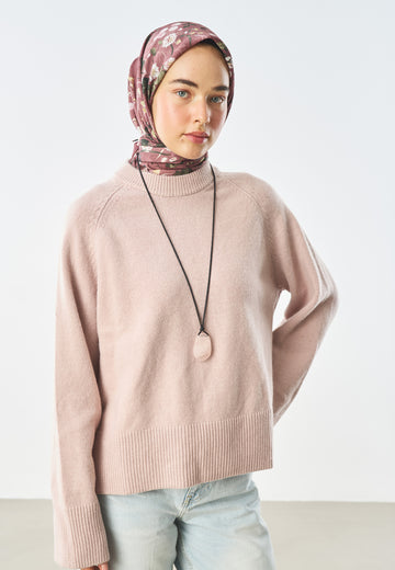 Blush Bloom Desen Pamuk İpek Eşarp Pembe