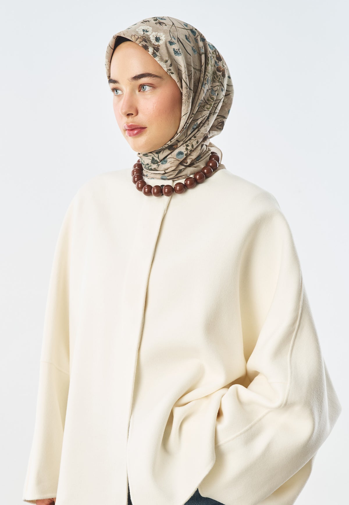 Blush Bloom Desen Pamuk İpek Eşarp Bej