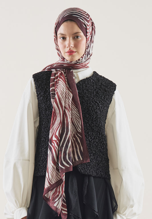Bordo Wıld Zebra Desen Rami Şal