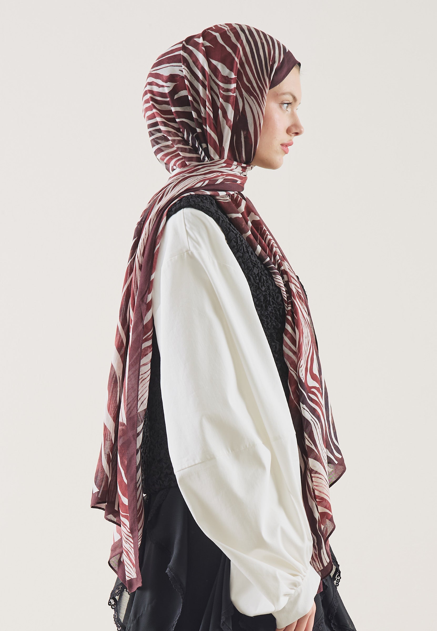 Bordo Wıld Zebra Desen Rami Şal