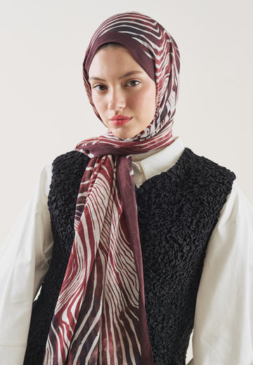Bordo Wıld Zebra Desen Rami Şal
