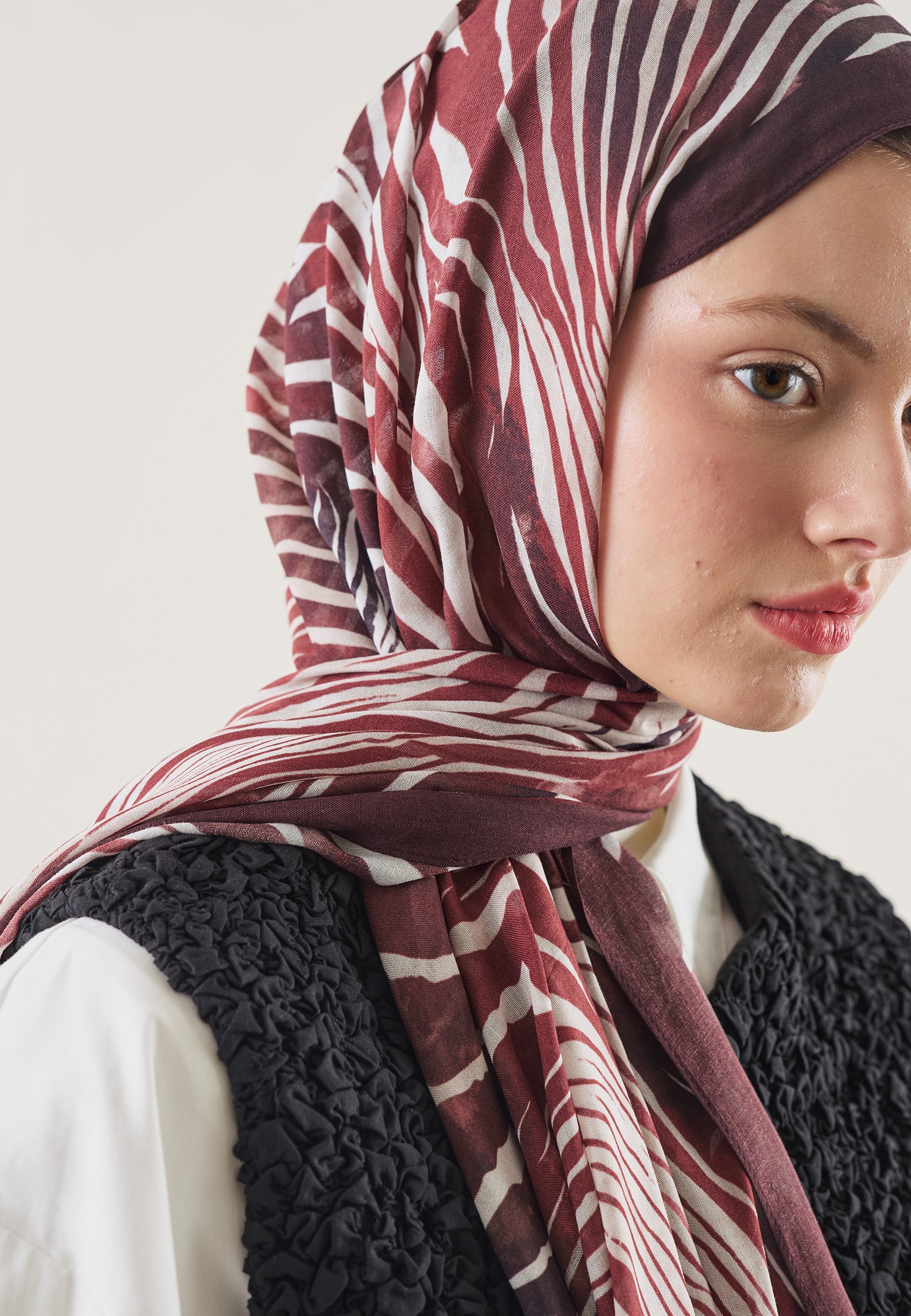 Bordo Wıld Zebra Desen Rami Şal