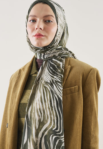 Haki Wıld Zebra Desen Rami Şal