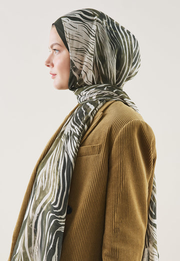 Haki Wıld Zebra Desen Rami Şal