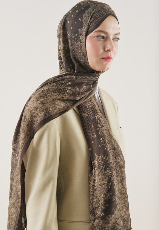 Kahve Floral Lace Desen Rami Şal