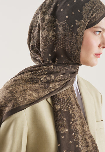 Kahve Floral Lace Desen Rami Şal