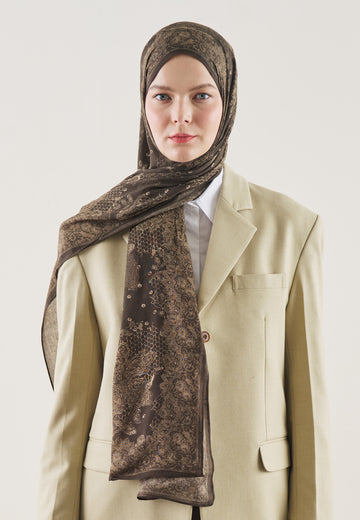 Kahve Floral Lace Desen Rami Şal