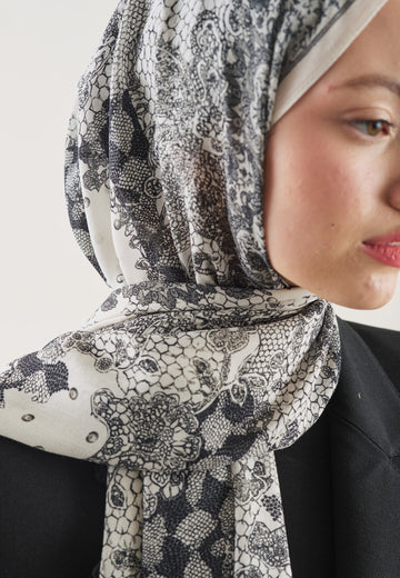 Ekru Floral Lace Desen Rami Şal