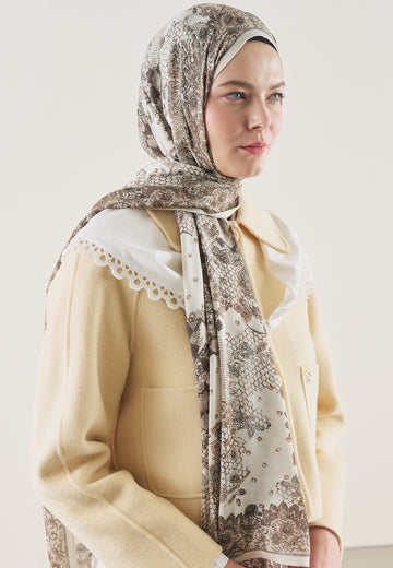 Bej Floral Lace Desen Rami Şal