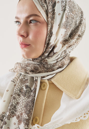 Bej Floral Lace Desen Rami Şal