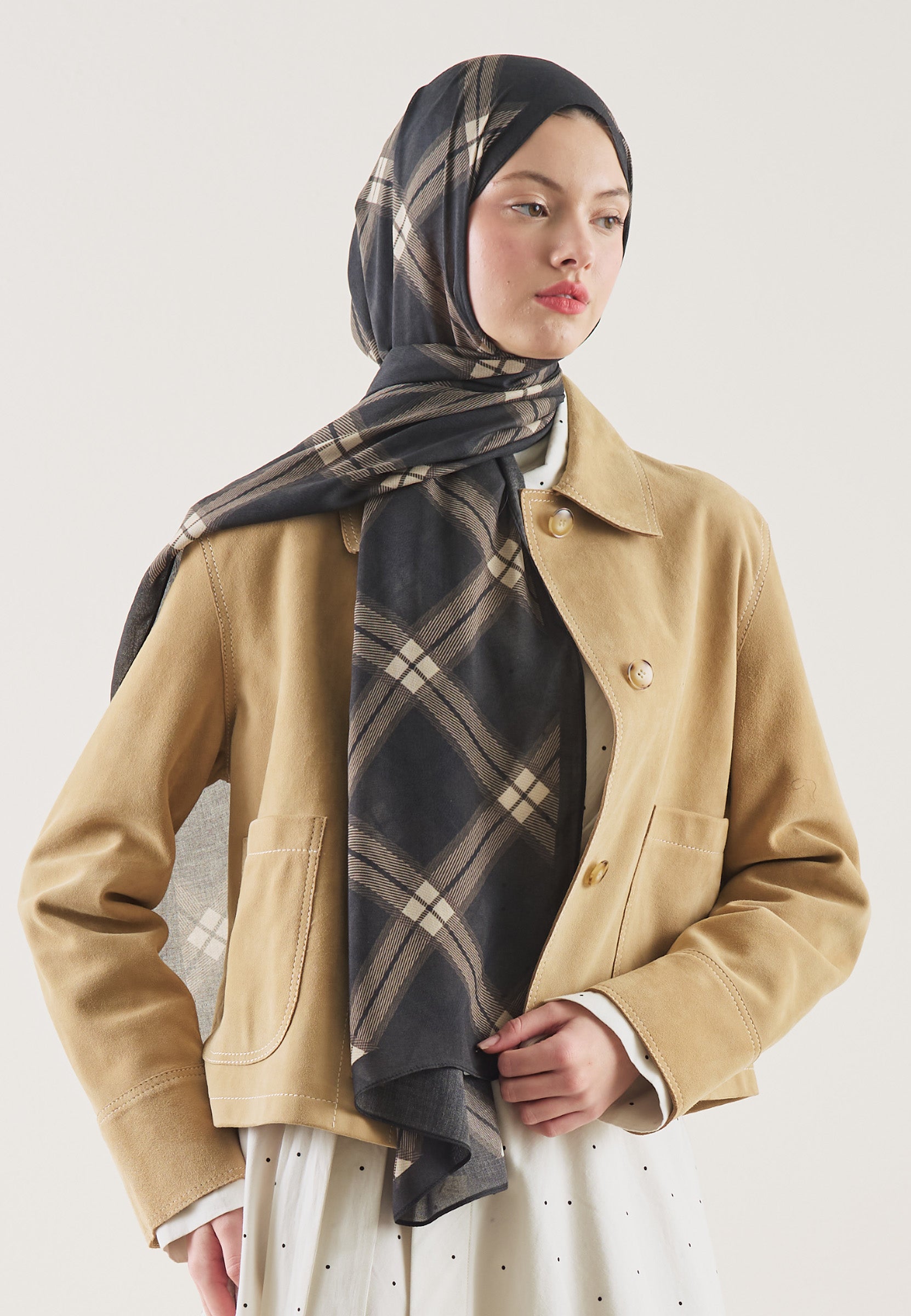Plaid Desen Rami Şal Vizon