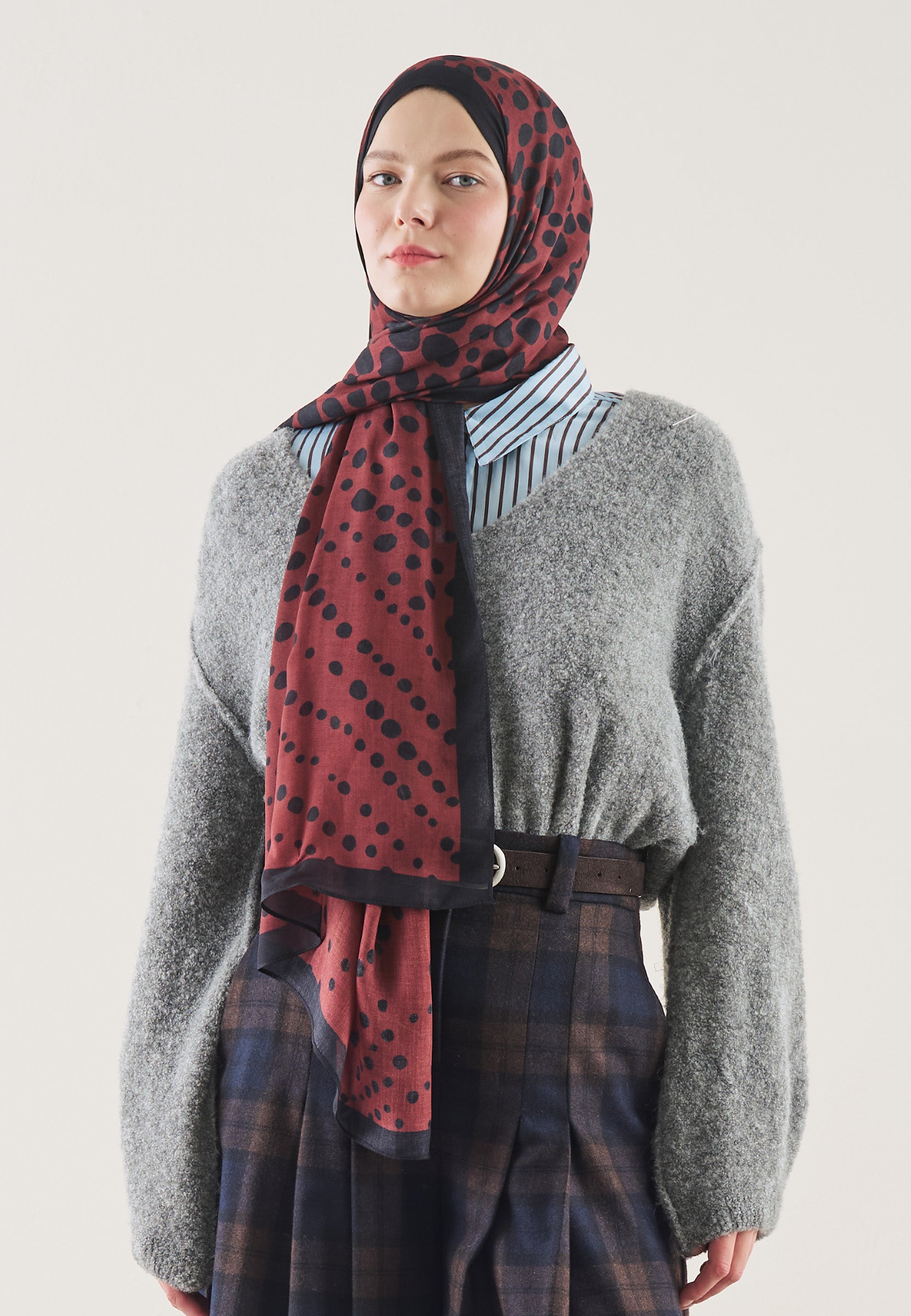 Bordo Polka Dots Desen Rami Şal