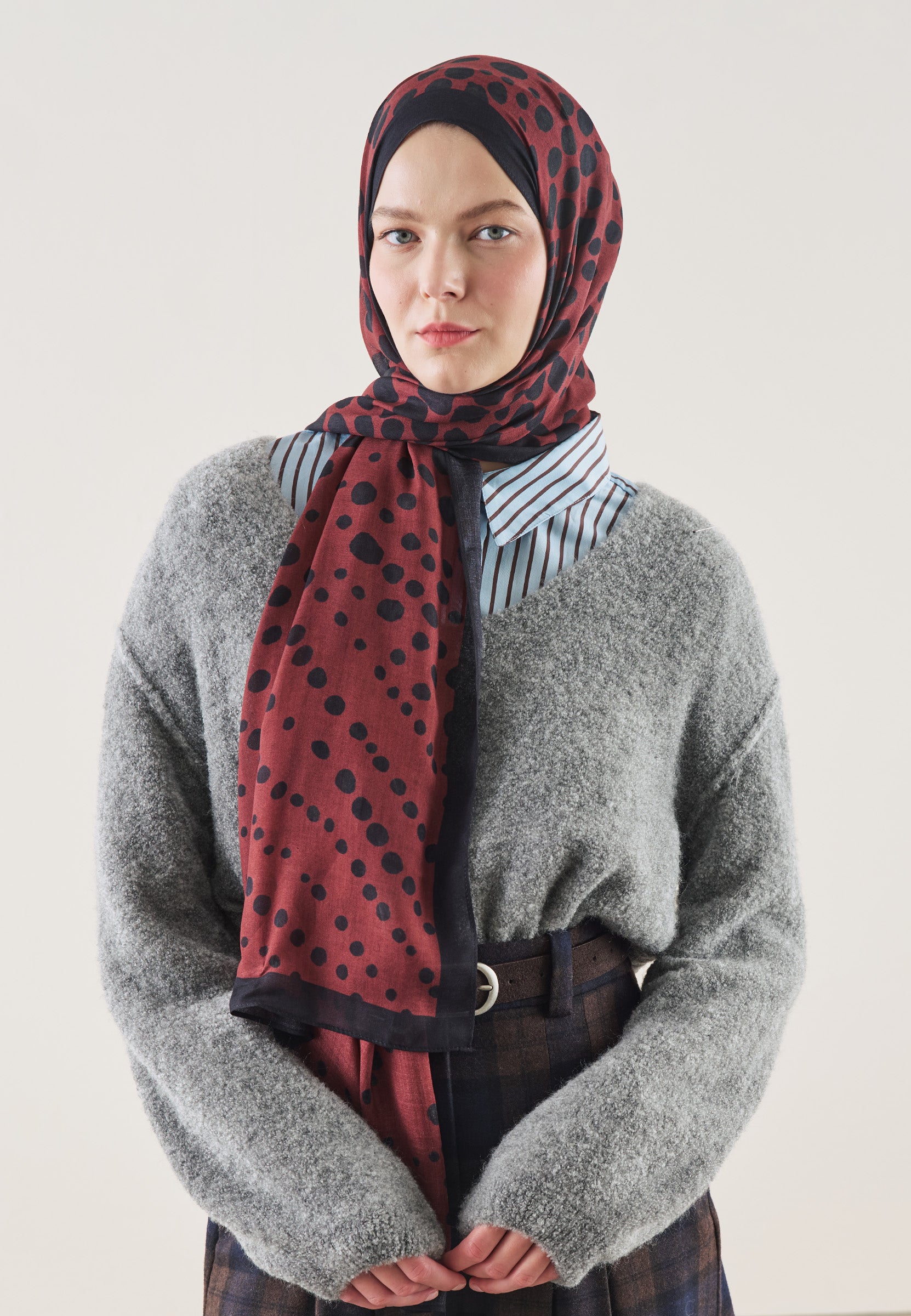 Bordo Polka Dots Desen Rami Şal
