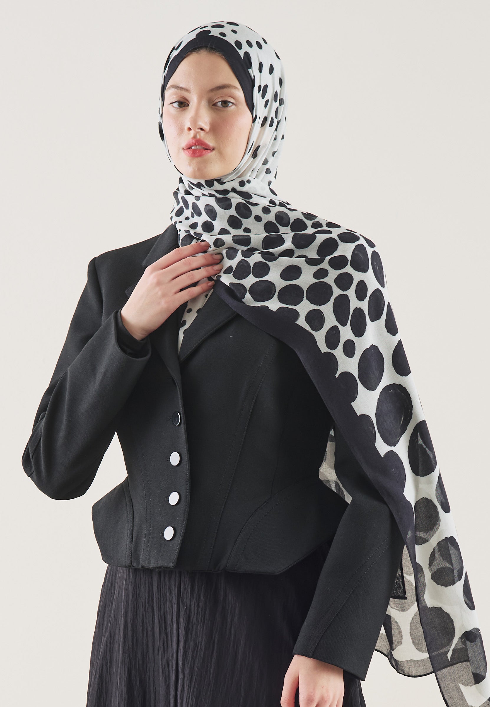 Ekru Polka Dots Desen Rami Şal