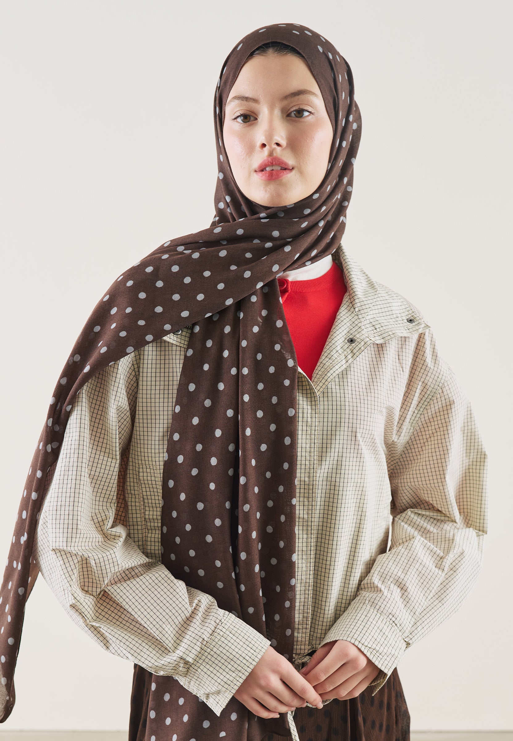 Acı Kahve Small Polka Dots Desen Rami Şal