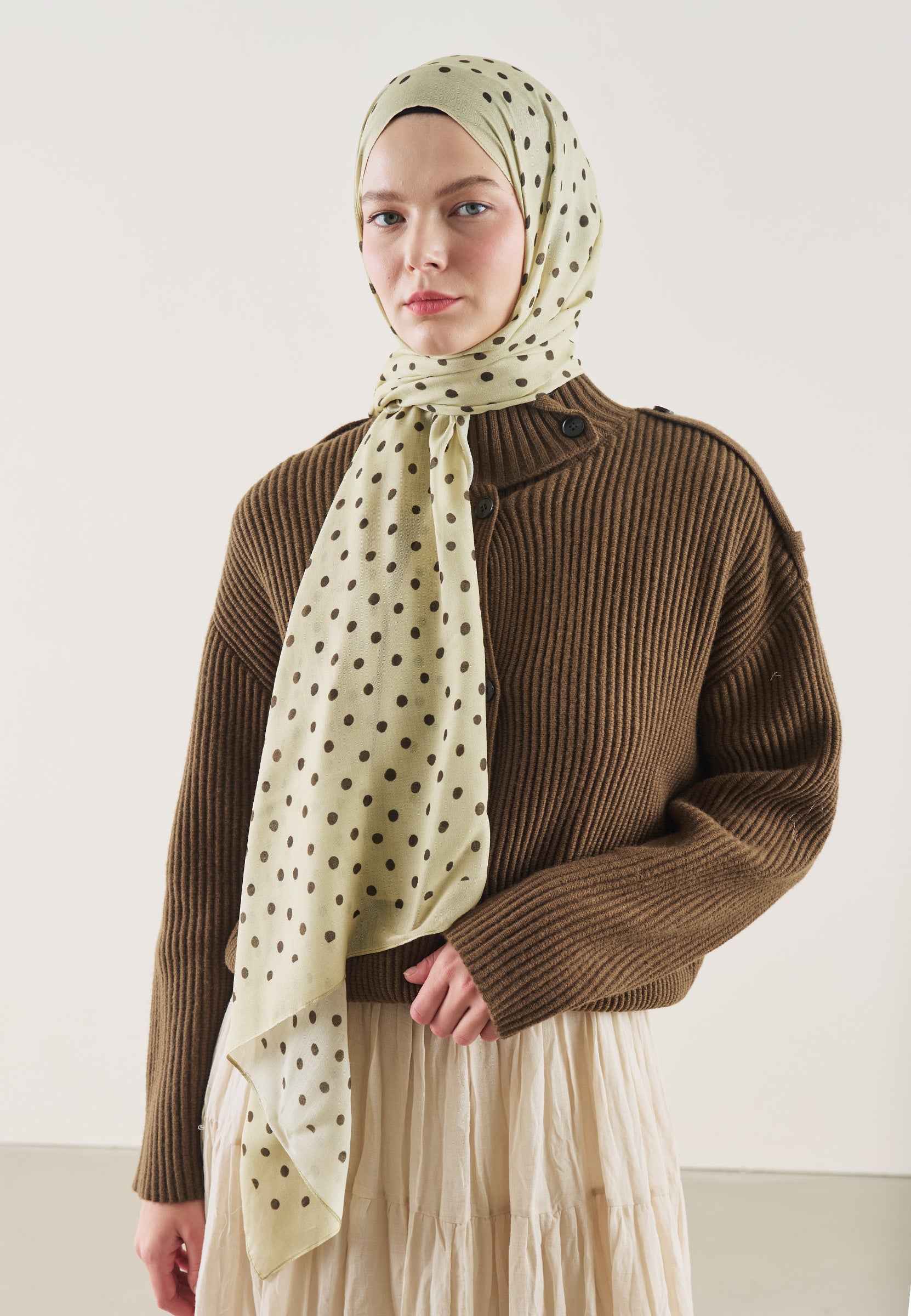 Pastel Sarı Small Polka Dots Desen Rami Şal
