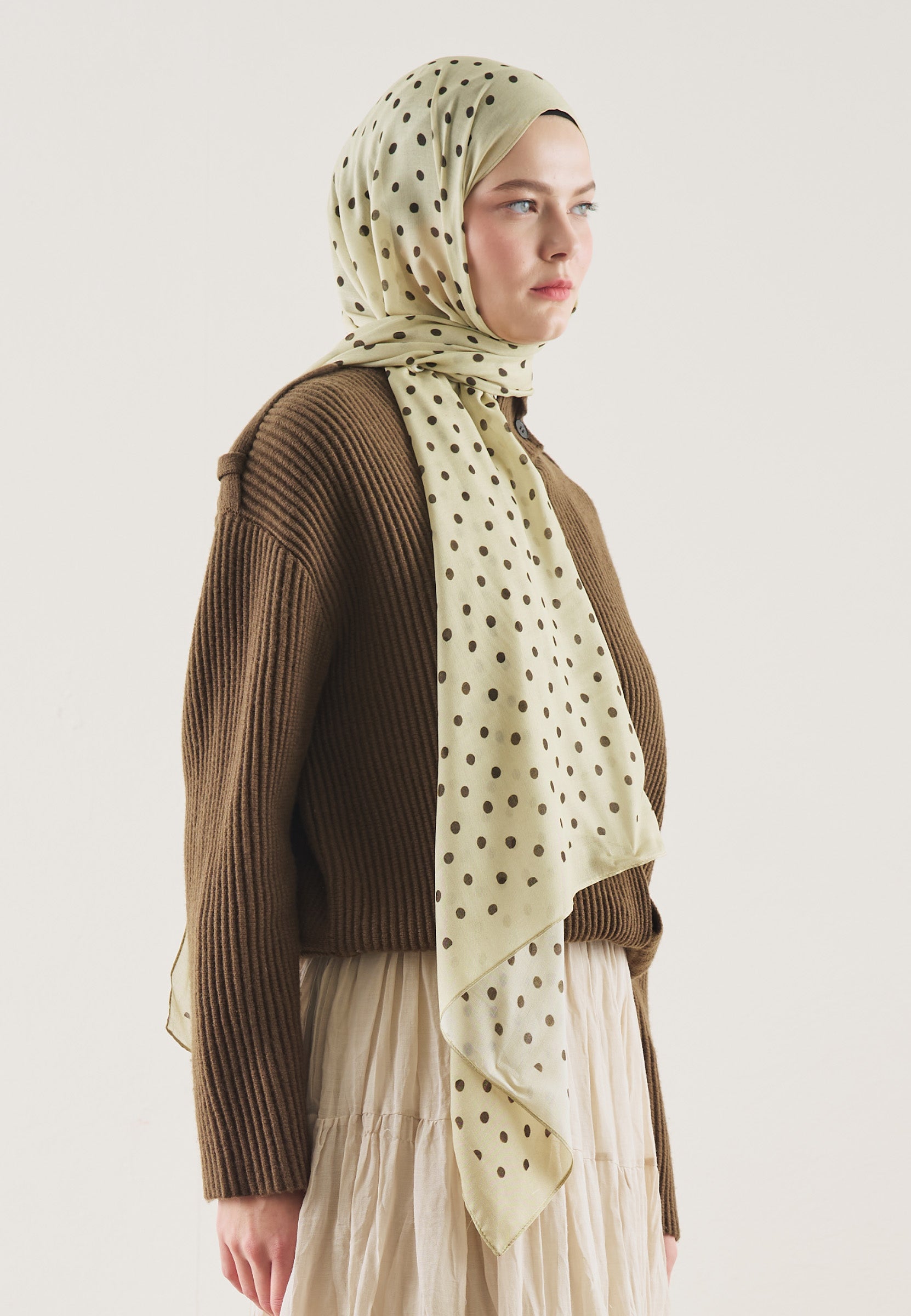 Pastel Sarı Small Polka Dots Desen Rami Şal