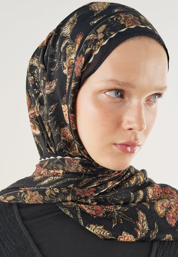 Siyah Ethnıc Blossom Desen Soft Viskon Şal
