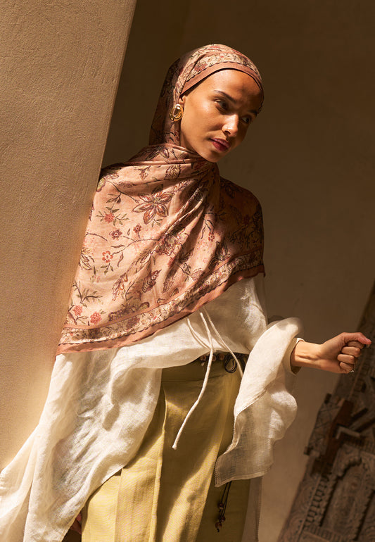 Ethnic Blossom Desen Soft Viskon Şal Somon