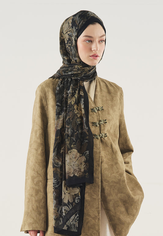 Siyah Floral Legacy Desen Soft Viskon Şal