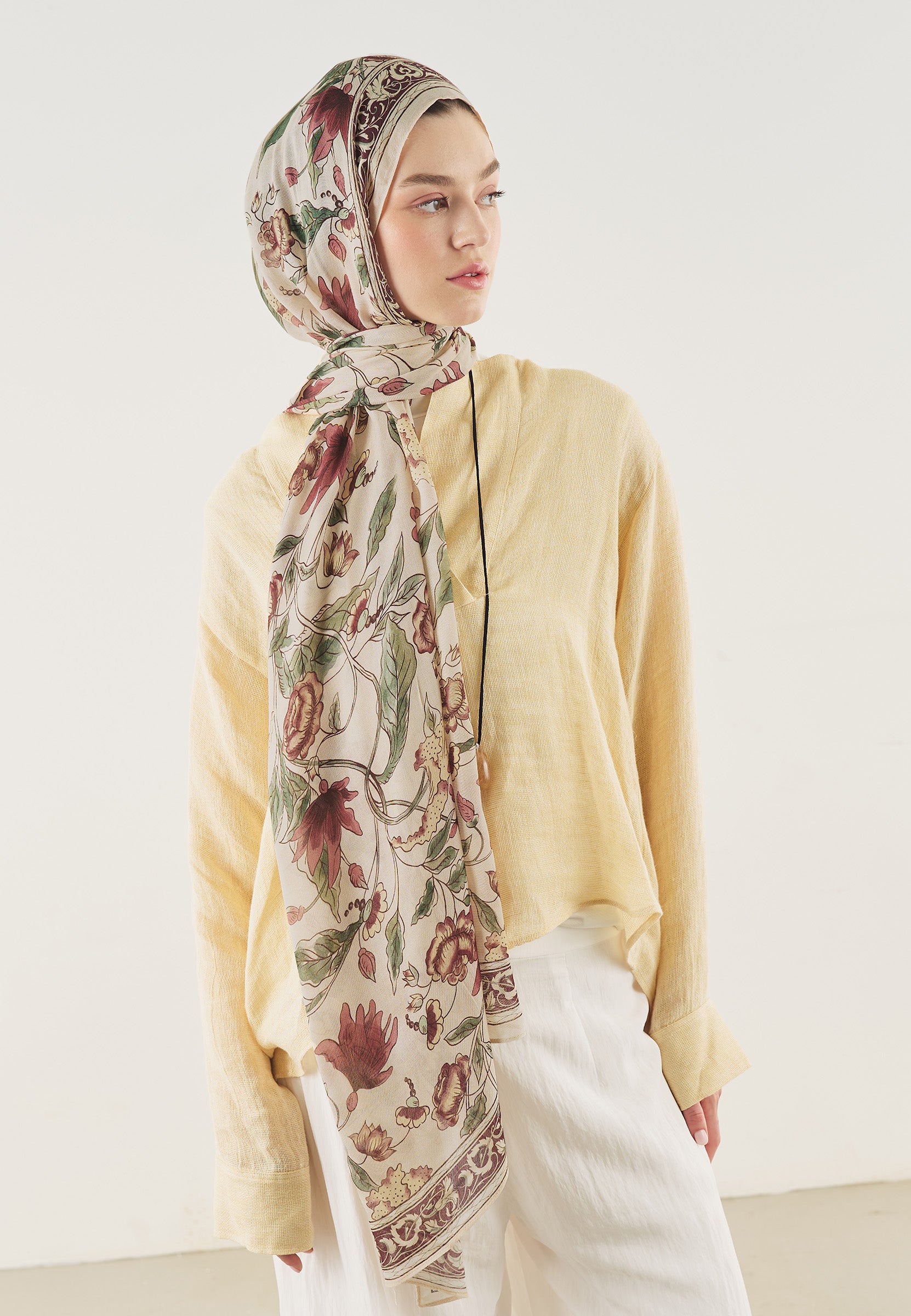 Bej Pure Ethnic Desen Soft Viskon Şal