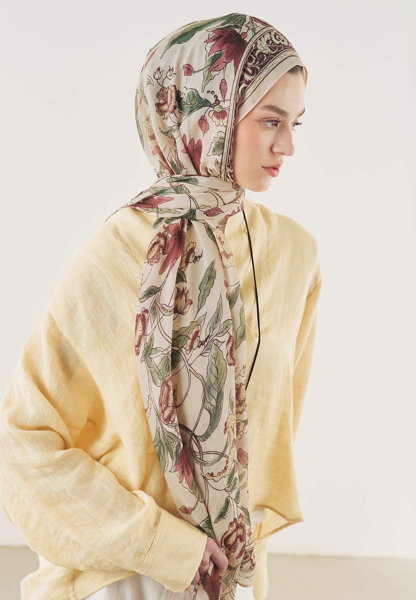 Bej Pure Ethnic Desen Soft Viskon Şal