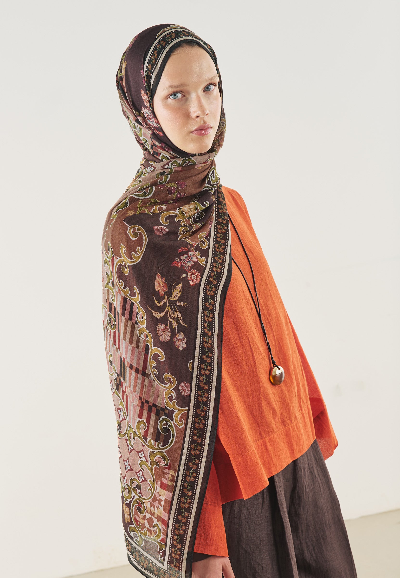 Mürdüm Ethnıc Garden Desen Soft Viskon Şal
