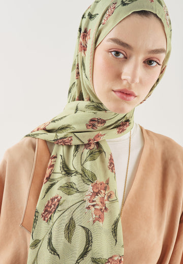 Yeşil Bloomy Desen Soft Viskon Şal