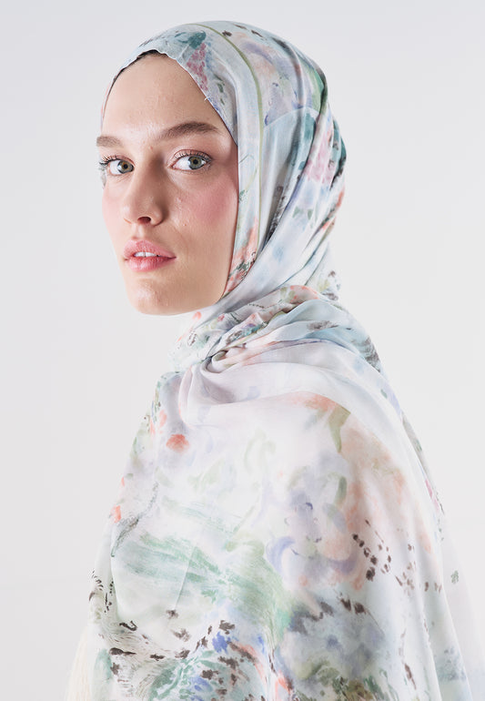 Floral Symphony Desen Rami Viskon Şal Mavi